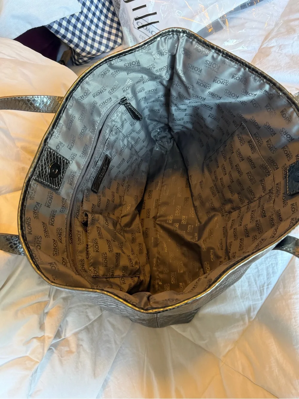 NWOT Michael Kors Metallic gray Snake-Embossed Tote